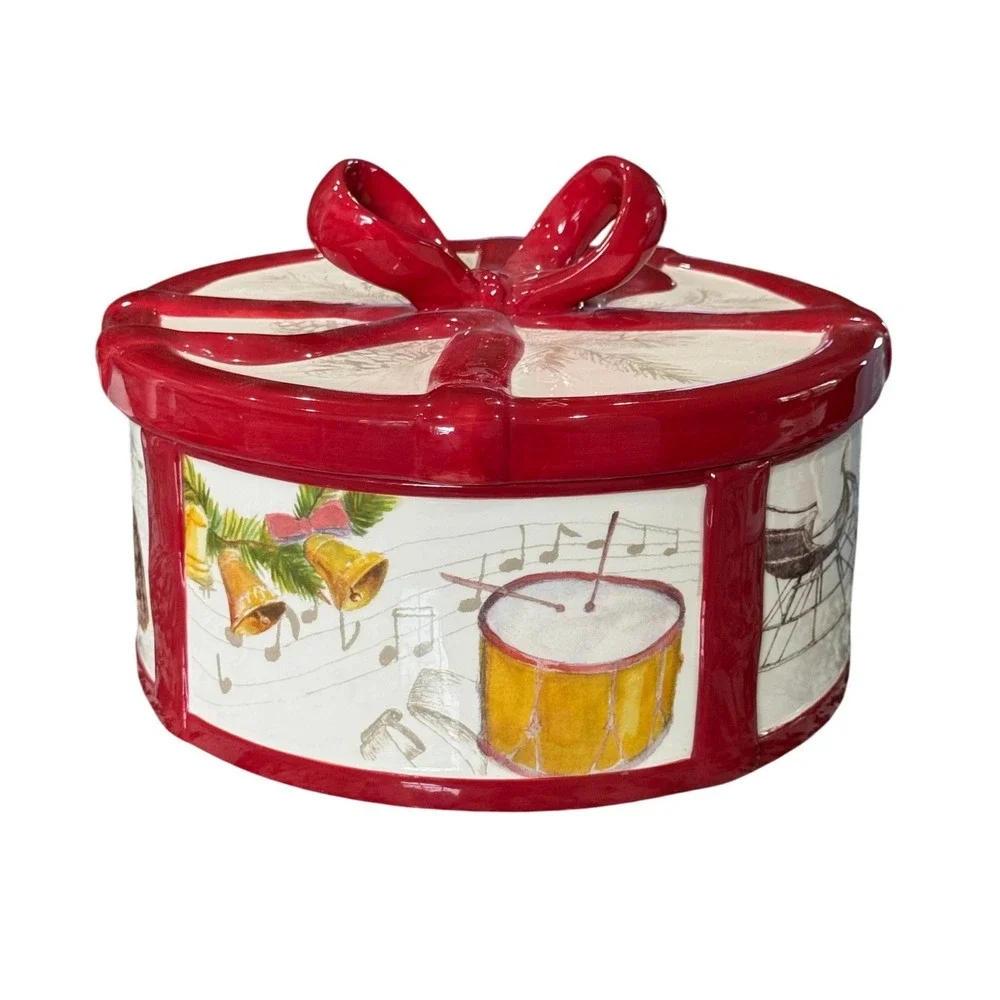 Williams Sonoma Christmas Carols Ceramic Lidded Drum Bowl Container Red Bow 2011